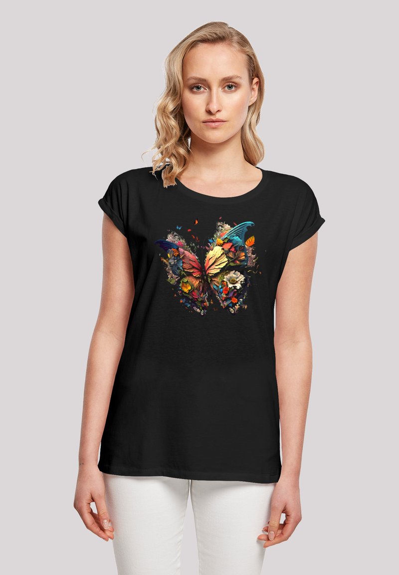 Black short-sleeve t-shirt featuring a colorful butterfly graphic with floral elements, highlighting shades of orange, teal, and yellow.