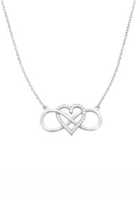 Collana d'argento con simbolo dell'infinito intrecciato a un cuore, adornata con pietre preziose trasparenti, su una catena delicata.
