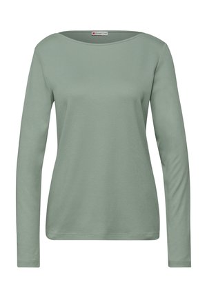 Tričko s dlouhým rukávem v jemné, tlumené zelené barvě z bavlny. Má široký výstřih a volný střih. Hladká textura s minimem švů.