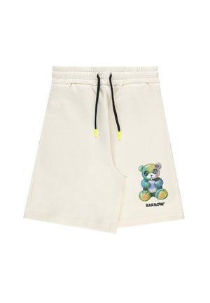 Pantaloncini color crema con vita elastica, coulisse nere con punte gialle e una patch colorata di un orsetto con la scritta "BARROW".