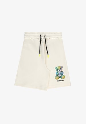 Pantaloncini color crema con vita elastica, coulisse nere con punte gialle e una patch colorata di un orsetto con la scritta "BARROW".