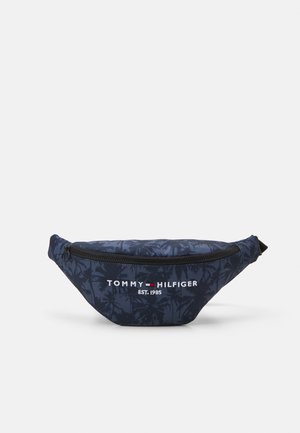 Granatowa nerka z czarnym wzorem palm, czarnym zamkiem i logo "Tommy Hilfiger EST. 1985" z przodu.
