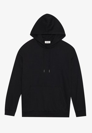 Zwarte hoodie met lange mouwen, een voorzak, een capuchon met treksnoer en ribgebreide manchetten en onderkant. Zachte stof.