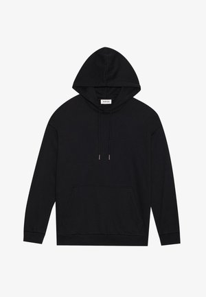 Schwarzer Kapuzenpullover mit langen Ärmeln, einer frontalen Kängurutasche, verstellbarem Kordelzug in der Kapuze sowie gerippten Bündchen und Saum. Weicher Stoff.