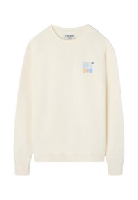 Sudadera de color crema claro en mezcla de algodón con un cuello redondo, mangas largas y un estampado de logo colorido en la zona del pecho izquierdo.