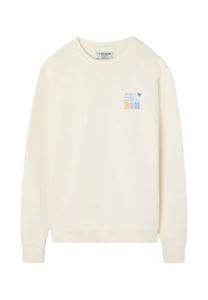 Sudadera de color crema claro en mezcla de algodón con un cuello redondo, mangas largas y un estampado de logo colorido en la zona del pecho izquierdo.