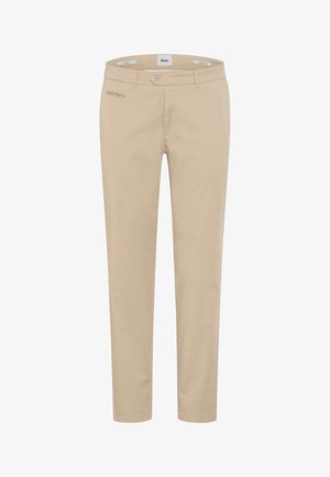 Beige Slim-Fit-Hose mit Knopf- und Reißverschluss, vorderen Taschen und Gürtelschlaufen, geeignet für Freizeit- oder Business-Look.