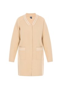 Beige neule, joka on valmistettu pehmeästä kankaasta, ja jossa on V-pääntie, pitkät hihat, kaksi etutaskua valkoisin raStripein sekä suora leikkaus.
