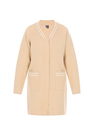 Beige cardigan made of soft fabric, featuring a V-neck, long sleeves, two front pockets with white stripes, and a straight cut.
