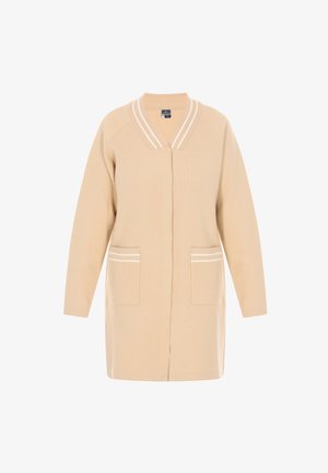 Beige cardigan made of soft fabric, featuring a V-neck, long sleeves, two front pockets with white stripes, and a straight cut.