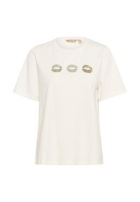 Balta trumpa rankovė t-shirt marškinėliai su trimis bučiavimo atspaudais auksinės ir nušalintos žalios spalvos priekyje. Pagaminta iš minkštos, lengvos medvilnės medžiagos.