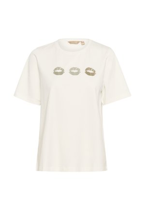 Camiseta de manga corta blanca con tres impresiones de besos en dorado y verde apagado en la parte delantera. Fabricada con material de algodón suave y ligero.