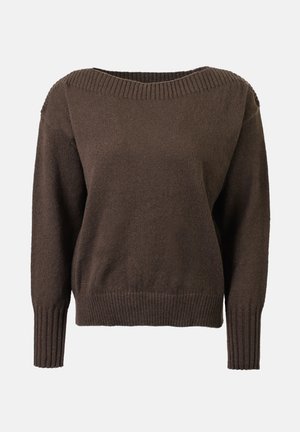Brown knitted sweater with a wide neckline, long sleeves, and ribbed cuffs and hem. Soft texture with a relaxed fit.