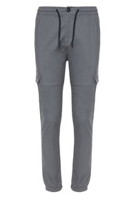 Grijze joggingbroek gemaakt van een gladde stof. Voorzien van een verstelbare drawstring tailleband, elastische boorden en twee zijvakken.