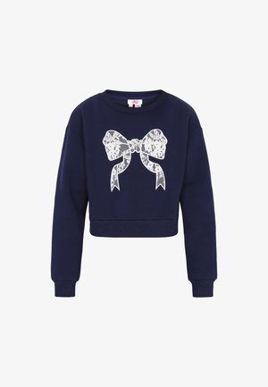 Sudadera corta azul marino con mangas largas, con un gráfico de un lazo de encaje blanco en el frente y un dobladillo y puños acanalados.