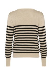 Beige sweater med vandrette sorte striber, udstyret med rund halsudskæring og let puffede lange ærmer. Blød strikket textur.