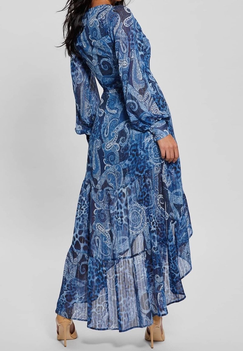 guess blue maxi dress Guess Long Blouson Sleeve V-Neck Pleated Wrap Dress, Womens, 0, Navy