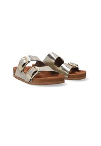 Metallic gold slide sandals with two adjustable straps, featuring a textured finish and a soft, brown suede footbed. Brown rubber outsole.