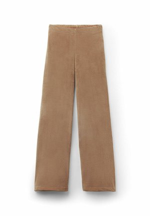 Pantalons large en velours côtelé marron avec une taille élastique, présentant une texture douce et un motif à côtes verticales sur l'ensemble.