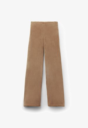 Pantalones de pana marrones de pierna ancha con cintura elástica, que presentan una textura suave y un patrón de rayas verticales en todo su diseño.