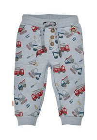 Graue Joggerhosen mit einem Muster aus roten Feuerwehrautos und Baumaschinen. Mit Kordelzugbund, drei Knöpfen und weichem Stoff.
