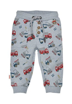 Graue Joggerhosen mit einem Muster aus roten Feuerwehrautos und Baumaschinen. Mit Kordelzugbund, drei Knöpfen und weichem Stoff.