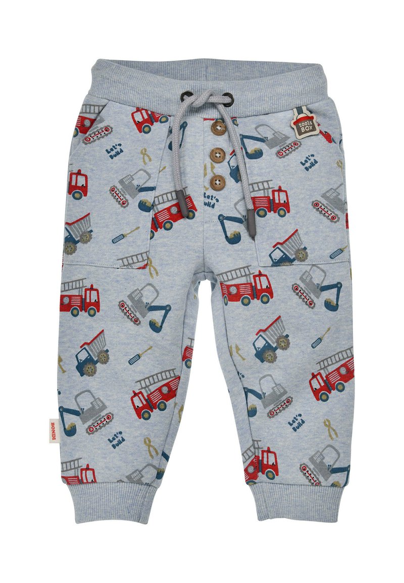 Graue Joggerhosen mit einem Muster aus roten Feuerwehrautos und Baumaschinen. Mit Kordelzugbund, drei Knöpfen und weichem Stoff.