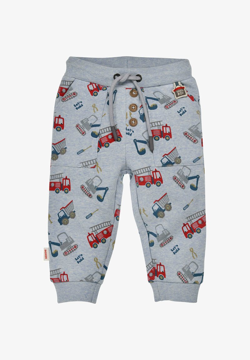 Graue Joggerhosen mit einem Muster aus roten Feuerwehrautos und Baumaschinen. Mit Kordelzugbund, drei Knöpfen und weichem Stoff.