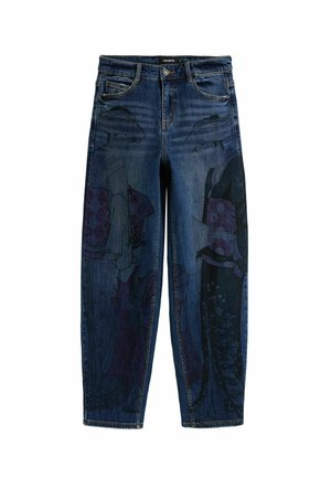 Dark blue denim jeans featuring a unique graphic print of traditional attire on the sides. Standard five-pocket design with a straight fit.