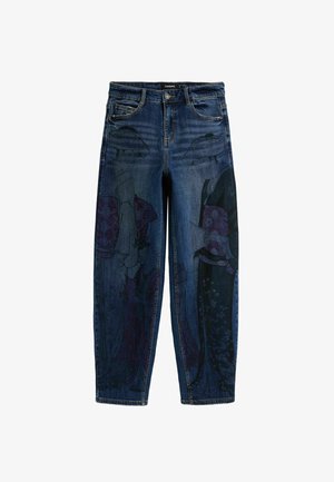 Tumed sinised denim püksid, mille külgedel on ainulaadne traditsioonilise riietuse graafiline trükk. Tavaline viie-tasku disain, otse lõige.