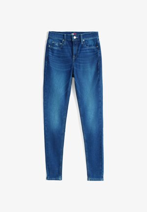 Tummansiniset skinny-farkut kuluneella ilmeellä, etupuolella nappikiinnitys, viisi taskua ja kapeat lahkeensuut.