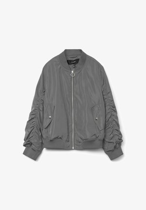 Short gray bomber jacket with ruched sleeves, front zipper with ring pull, two snap-button flap pockets, and ribbed collar, cuffs, and hem.