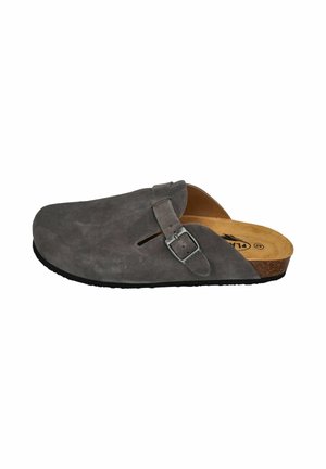 Gray suede clog with a strap and buckle detail, open back, cork midsole, and textured rubber outsole. Minimalist design and shape.