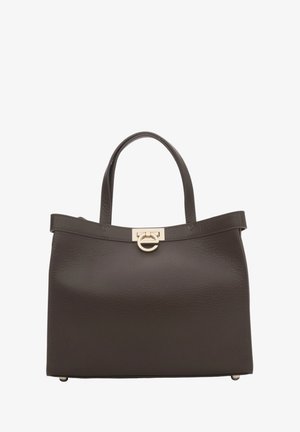 Dark brown leather handbag with top handles and gold-tone clasp closure, featuring a structured rectangular shape.