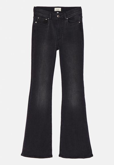 Černé zvonové džíny vyrobené z denimu, s vysokým pasem, klasickým pětikapsovým designem a jemným vyblednutím na nohavicích pro texturu.