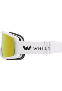 Lunettes de ski avec une monture blanche, des verres mirroir verts et une sangle blanche avec un logo noir. Rembourrage doux à l'intérieur de la monture pour plus de confort.