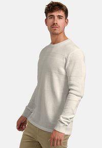 Hellgrauer Strickpullover mit einem strukturierten Muster aus horizontalen Streifen. Lange Ärmel und Rundhalsausschnitt, präsentiert vor einem einfarbigen Hintergrund.