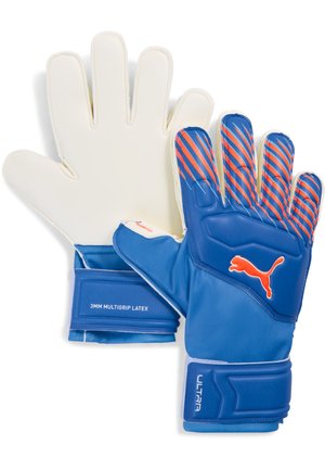 Paire de gants de gardien Puma bleus et blancs avec logo orange et design rayé sur les doigts, avec des sangles de poignet réglables étiquetées 3MM Multigrip Latex.