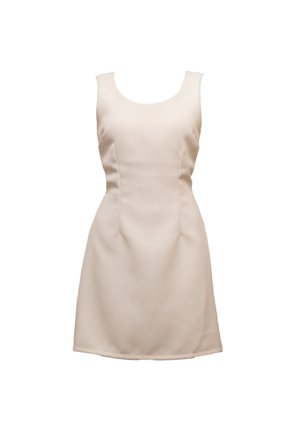 Cream-colored sleeveless dress with a textured fabric, fitted silhouette, and a rounded neckline, featuring dart seams and a straight hem.