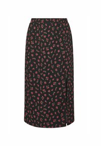 Mustat kukkakuosiset hame, jossa on yksityiskohtainen ruusukuosi punaisena ja vihreänä. Joustava vyötärö, puolimittainen ja sivurei'ällä liikkuvuuden helpottamiseksi.