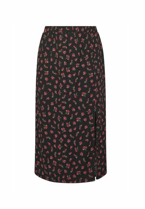 Gonna nera a fiori con un delicato motivo di rose in rosso e verde. Vita elastica, lunghezza media con uno spacco laterale per facilitare i movimenti.