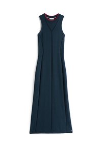 Abito maxi senza maniche in maglia blu navy scuro con colletto a coste rosso; presenta cuciture verticali e una sottile texture diffusa.