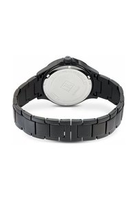 Schwarze Metallarmbanduhr mit Gliederarmband, rundem Gehäuse und einem polierten Edelstahlboden, der mit "WASSERDICHT" gekennzeichnet ist.