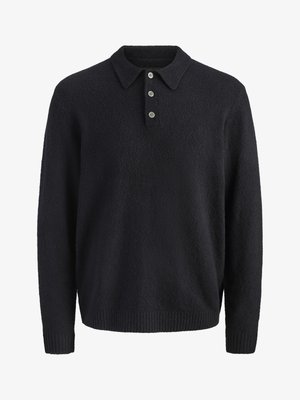 Tamnoplavi pleteni džemper dugih rukava s ovratnikom i tri gumba na prednjoj ploči.