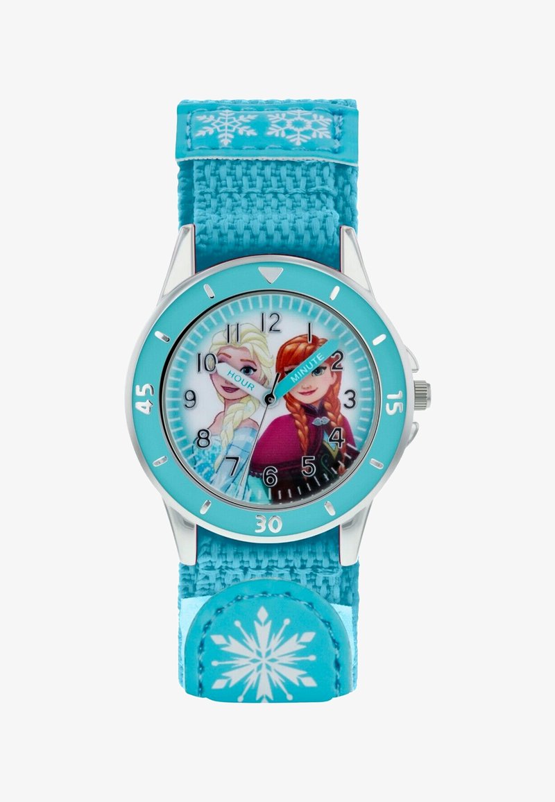 Kinderhorloge met een turqoise stoffen band met sneeuwvlokpatronen. Ronde zilveren bezel omringt een kleurrijke wijzerplaat met illustraties van karakters.