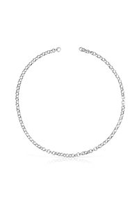 Collar de cadena de plata con eslabones redondos, espaciados uniformemente, que presenta un cierre simple. El diseño es suave, con una superficie pulida y reflectante.