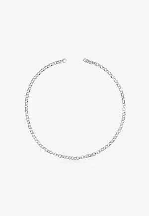 Collar de cadena de plata con eslabones redondos, espaciados uniformemente, que presenta un cierre simple. El diseño es suave, con una superficie pulida y reflectante.