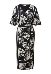 Robe en noir et crème avec un décolleté en V, des manches courtes et un motif floral. Équipée d'une ceinture à nouer et d'une longueur midi. Texture de tissu lisse.