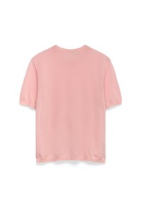 Maglia a maniche corte in maglia di colore rosa chiaro con scollatura a girocollo, vista da dietro su uno sfondo bianco.