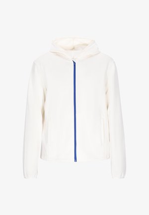 Valkoinen huppari, jossa on sininen vetoketju. Sisältää kaksi sivutaskua ja hupun. Liukas kangas, jossa on minimalistinen muotoilu.